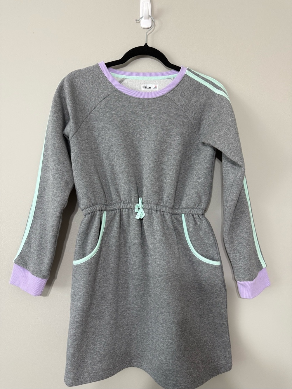 Girls' Gray Knit Dress with Mint Trim and Lavender Accents
